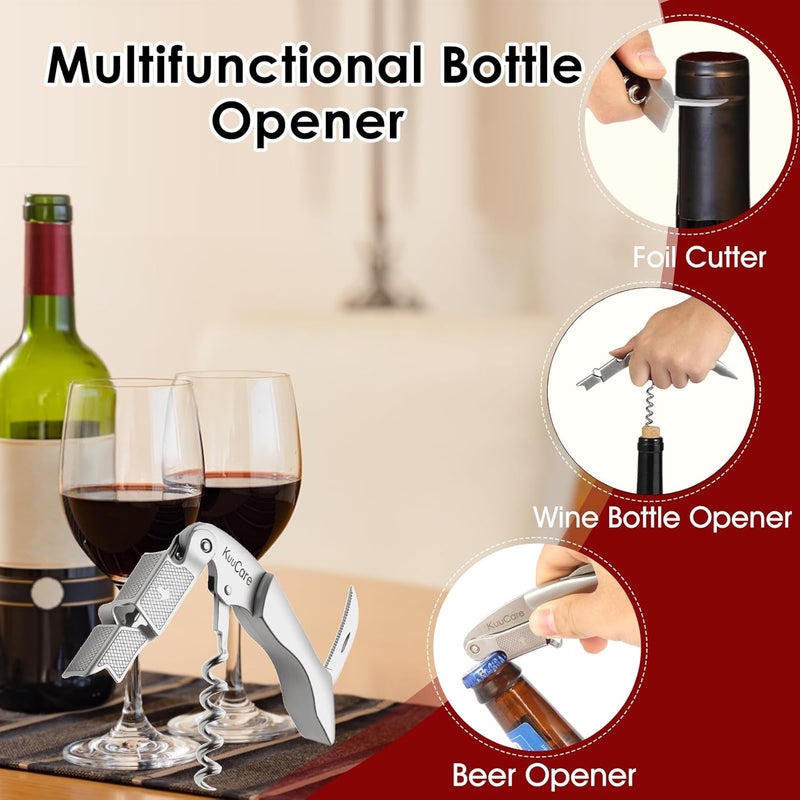 KuuCare Wine Opener Waiter Corkscrew, Premium 420 Stainless Steel Wine Bottle Opener with Foil Cutter & Cap Remover, Double Hinged Manual Wine Key for Bartenders, Servers, Waiters and Home Use, Silver - Image 2